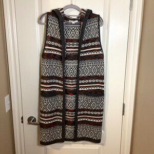 Warehouse One Women's Long Hooded Sleeveless Knit Vest Size S/P Open Cardigan
